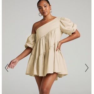 SHOWPO HARLEEN MINI DRESS - ASYMMETRICAL TRIM PUFF SLEEVE DRESS IN BEIGE